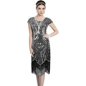 ✨ Flapper Great Gatsby Roaring 1920s Retro Tassel Fringe Silver Sequin Dress NEW